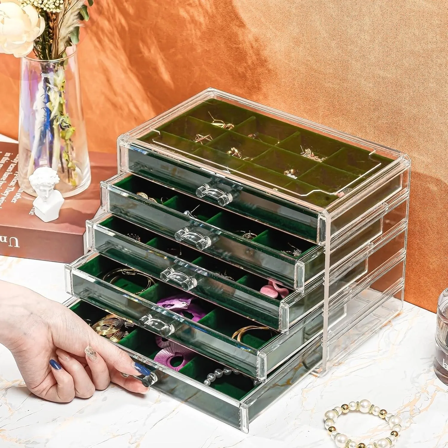 ProCase Earring Holder Organizer Jewelry Box with 5 Drawers, Acrylic Clear Earring Case with Adjustable Velvet Trays for Women - Emerald, 5 Layers