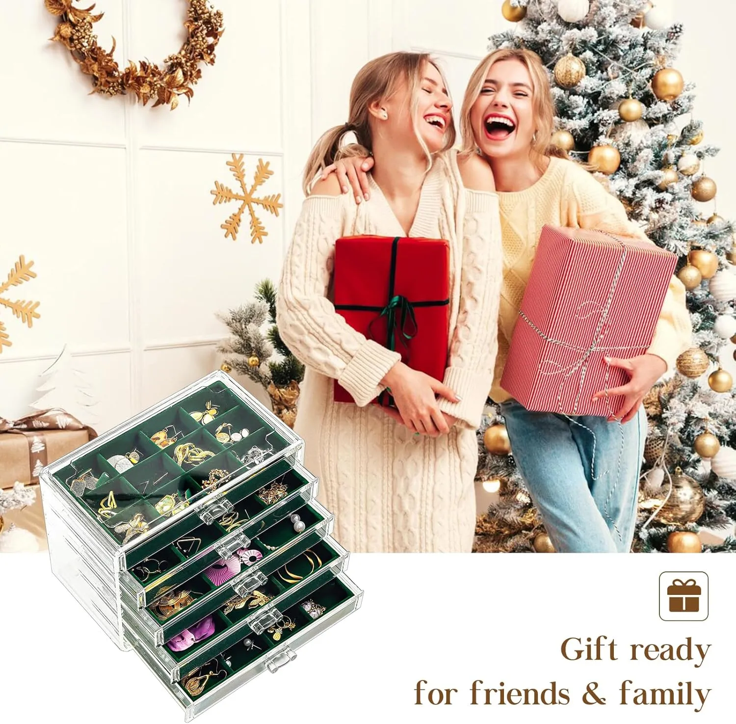ProCase Earring Holder Organizer Jewelry Box with 5 Drawers, Acrylic Clear Earring Case with Adjustable Velvet Trays for Women - Emerald, 5 Layers