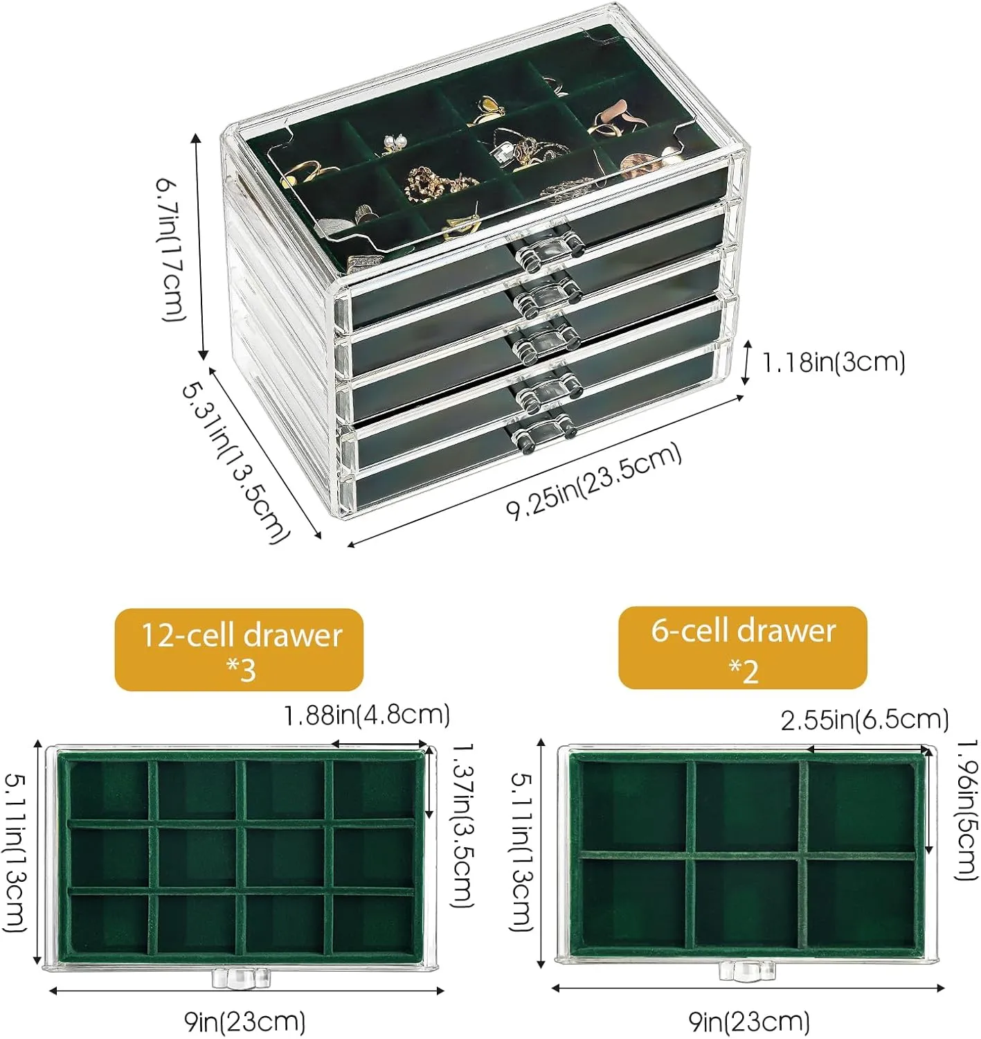 ProCase Earring Holder Organizer Jewelry Box with 5 Drawers, Acrylic Clear Earring Case with Adjustable Velvet Trays for Women - Emerald, 5 Layers