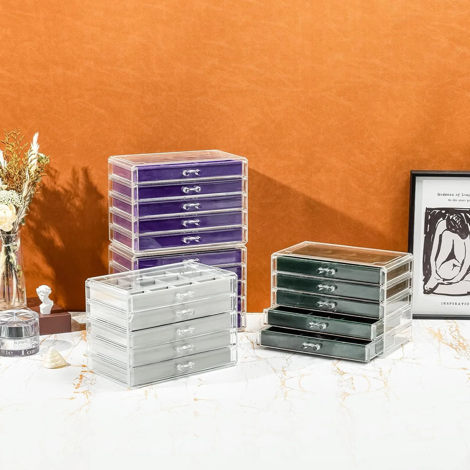 ProCase Earring Holder Organizer Jewelry Box with 5 Drawers, Acrylic Clear Earring Case with Adjustable Velvet Trays for Women - Emerald, 5 Layers