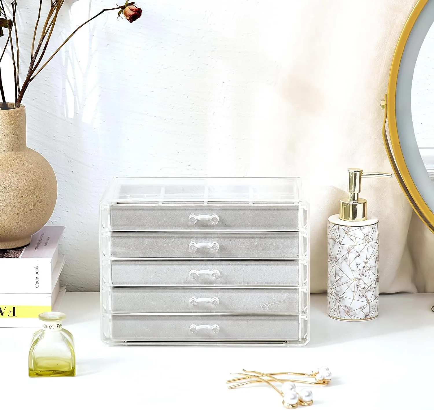 ProCase Earring Holder Organizer Jewelry Box with 5 Drawers, Acrylic Clear Earring Case with Adjustable Velvet Trays for Women - Grey, 5 Layers