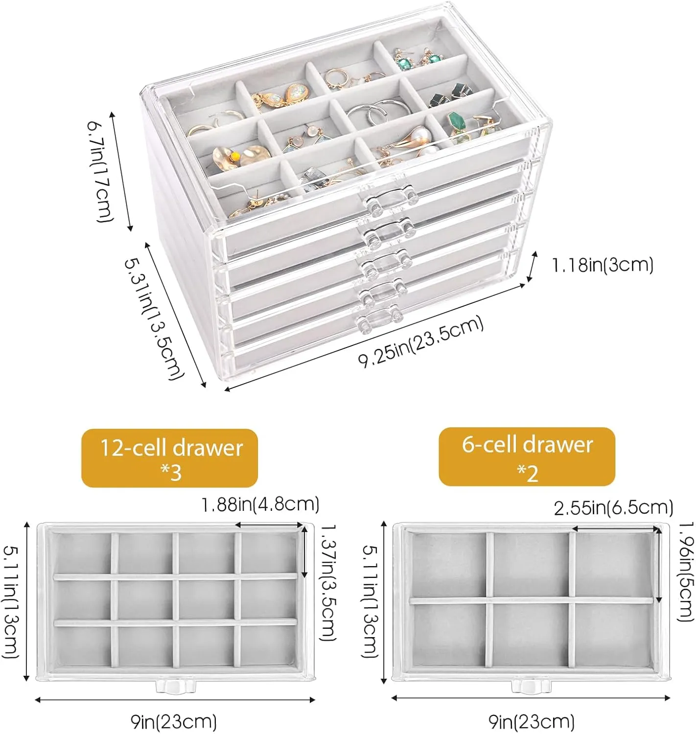ProCase Earring Holder Organizer Jewelry Box with 5 Drawers, Acrylic Clear Earring Case with Adjustable Velvet Trays for Women - Grey, 5 Layers