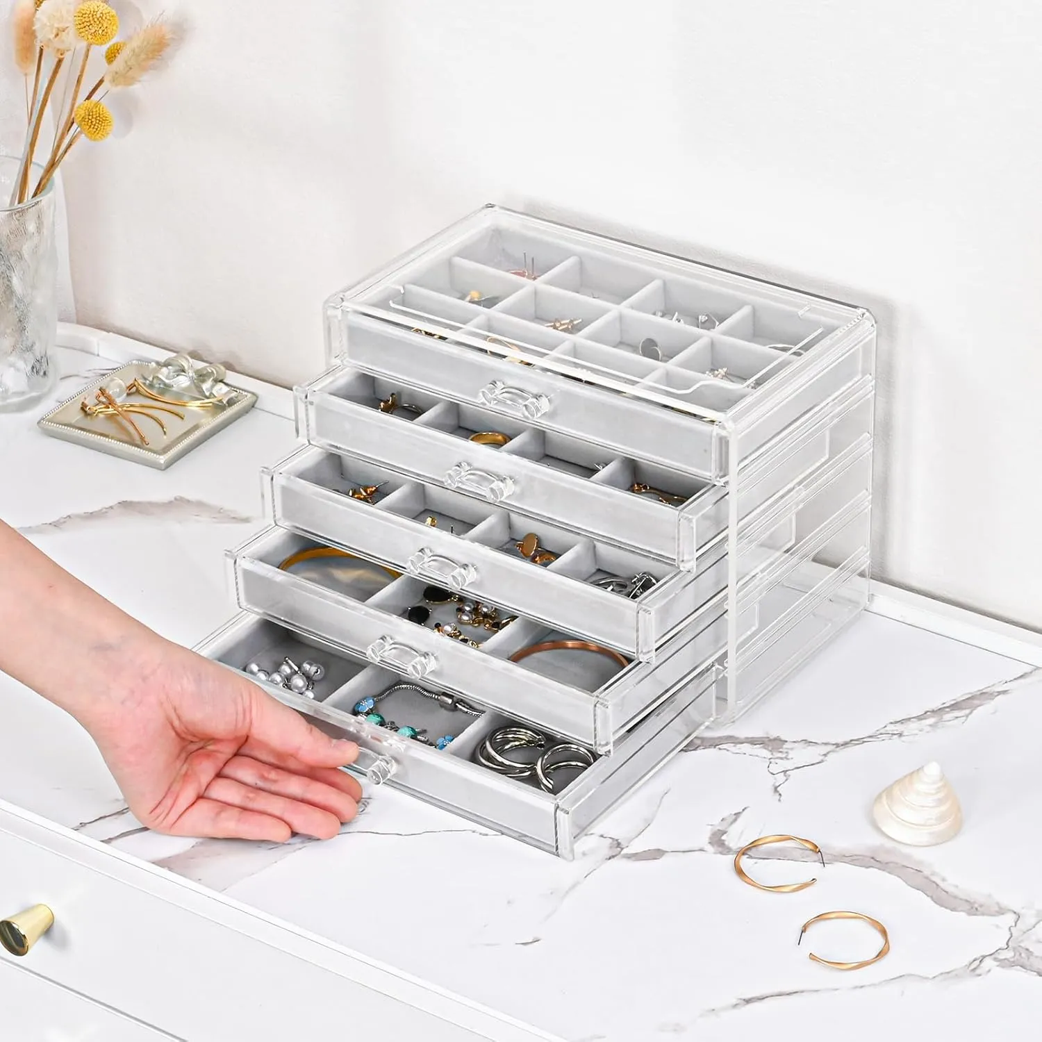 ProCase Earring Holder Organizer Jewelry Box with 5 Drawers, Acrylic Clear Earring Case with Adjustable Velvet Trays for Women - Grey, 5 Layers