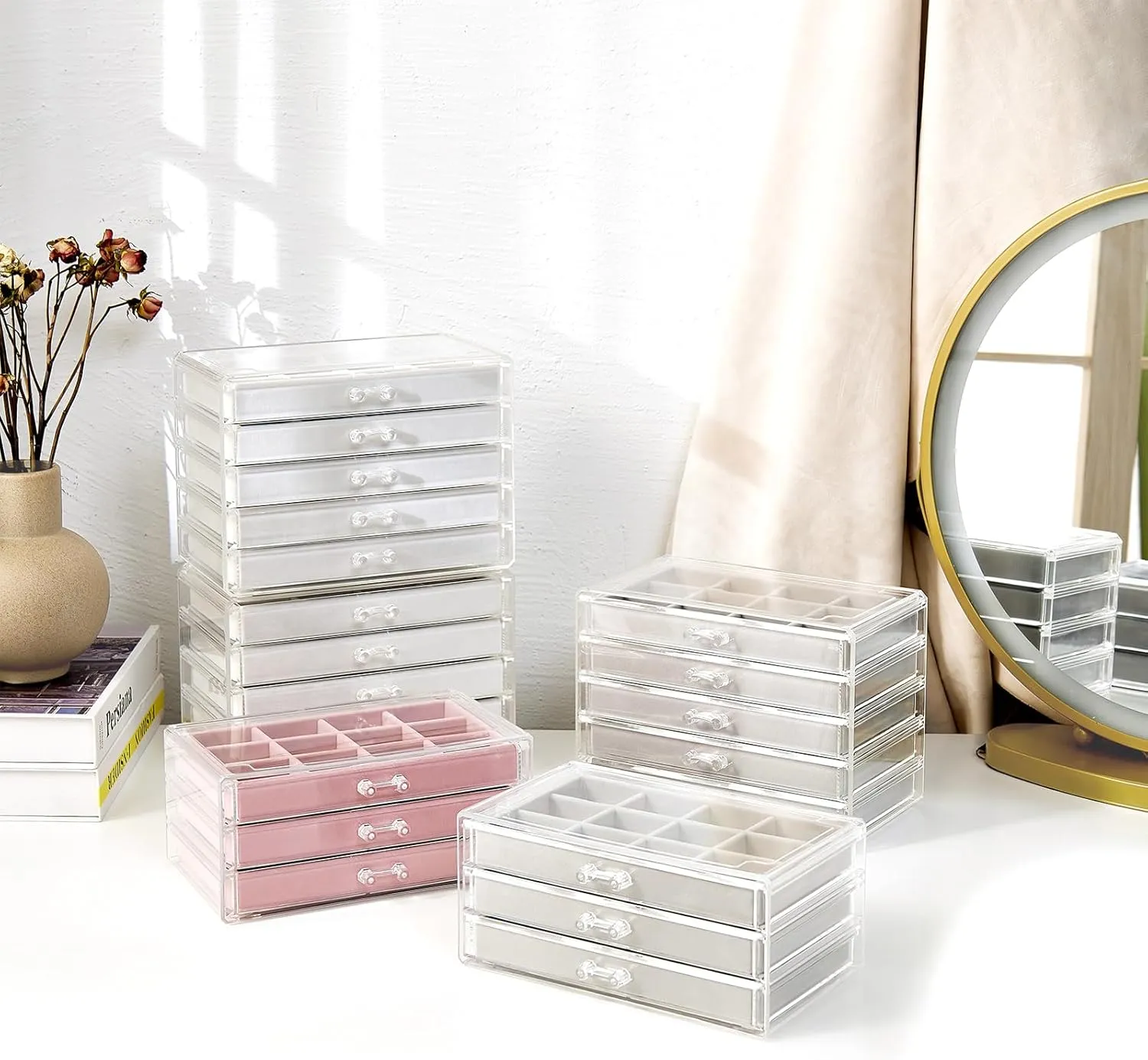 ProCase Earring Holder Organizer Jewelry Box with 5 Drawers, Acrylic Clear Earring Case with Adjustable Velvet Trays for Women - Grey, 5 Layers