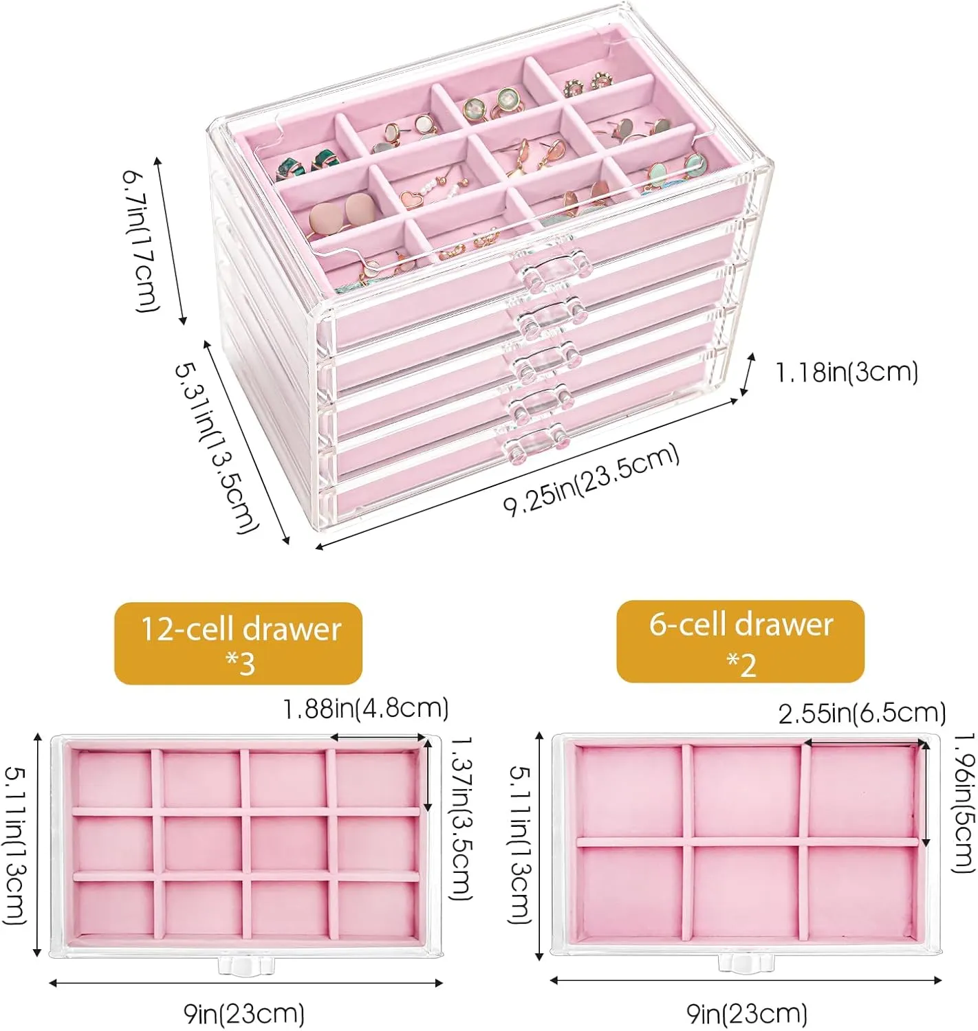 ProCase Earring Holder Organizer Jewelry Box with 5 Drawers, Acrylic Clear Earring Case with Adjustable Velvet Trays for Women - Pink, 5 Layers