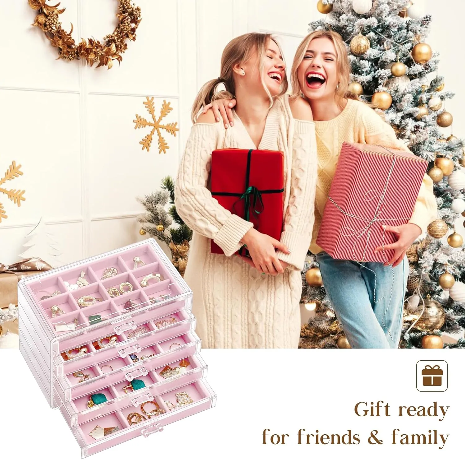 ProCase Earring Holder Organizer Jewelry Box with 5 Drawers, Acrylic Clear Earring Case with Adjustable Velvet Trays for Women - Pink, 5 Layers