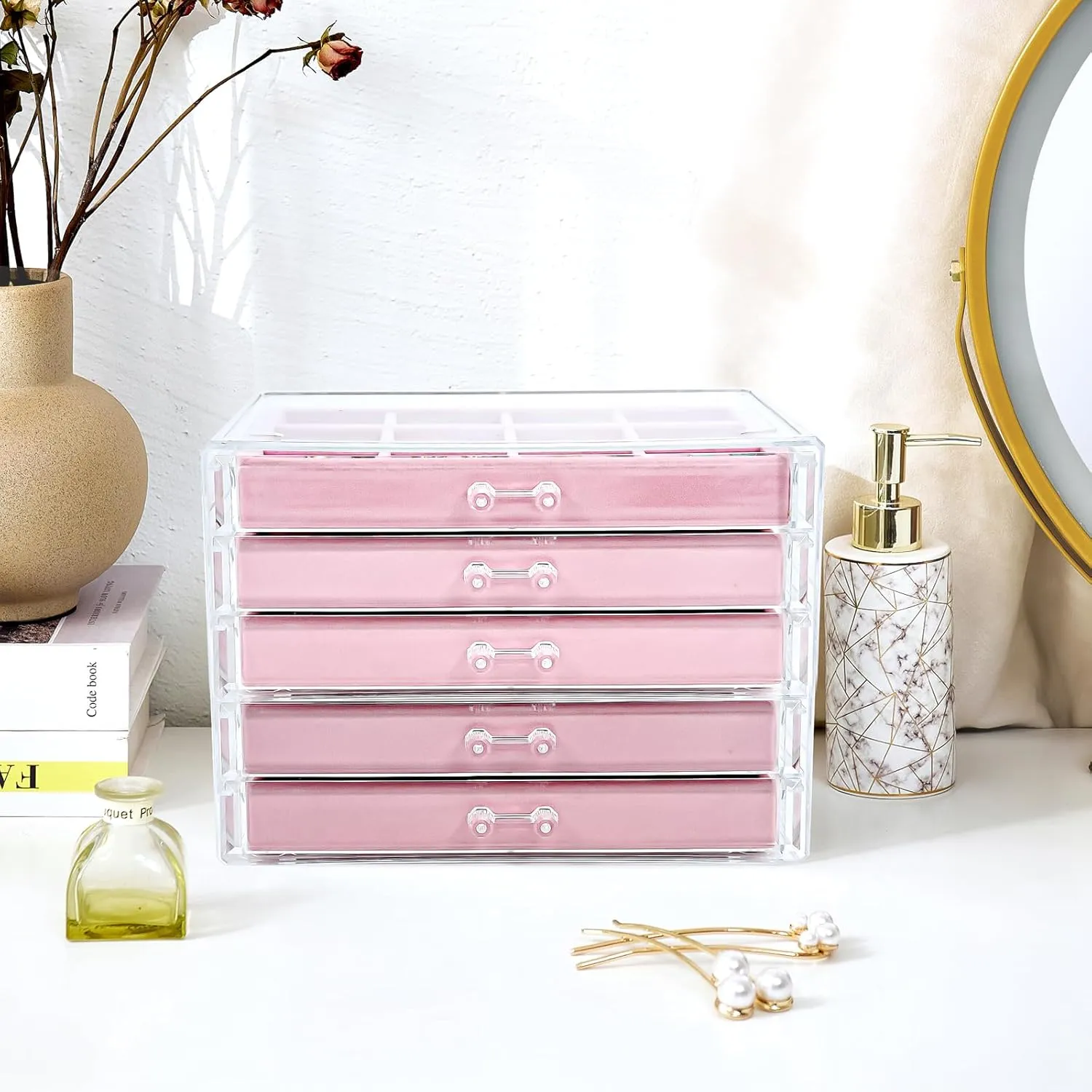 ProCase Earring Holder Organizer Jewelry Box with 5 Drawers, Acrylic Clear Earring Case with Adjustable Velvet Trays for Women - Pink, 5 Layers