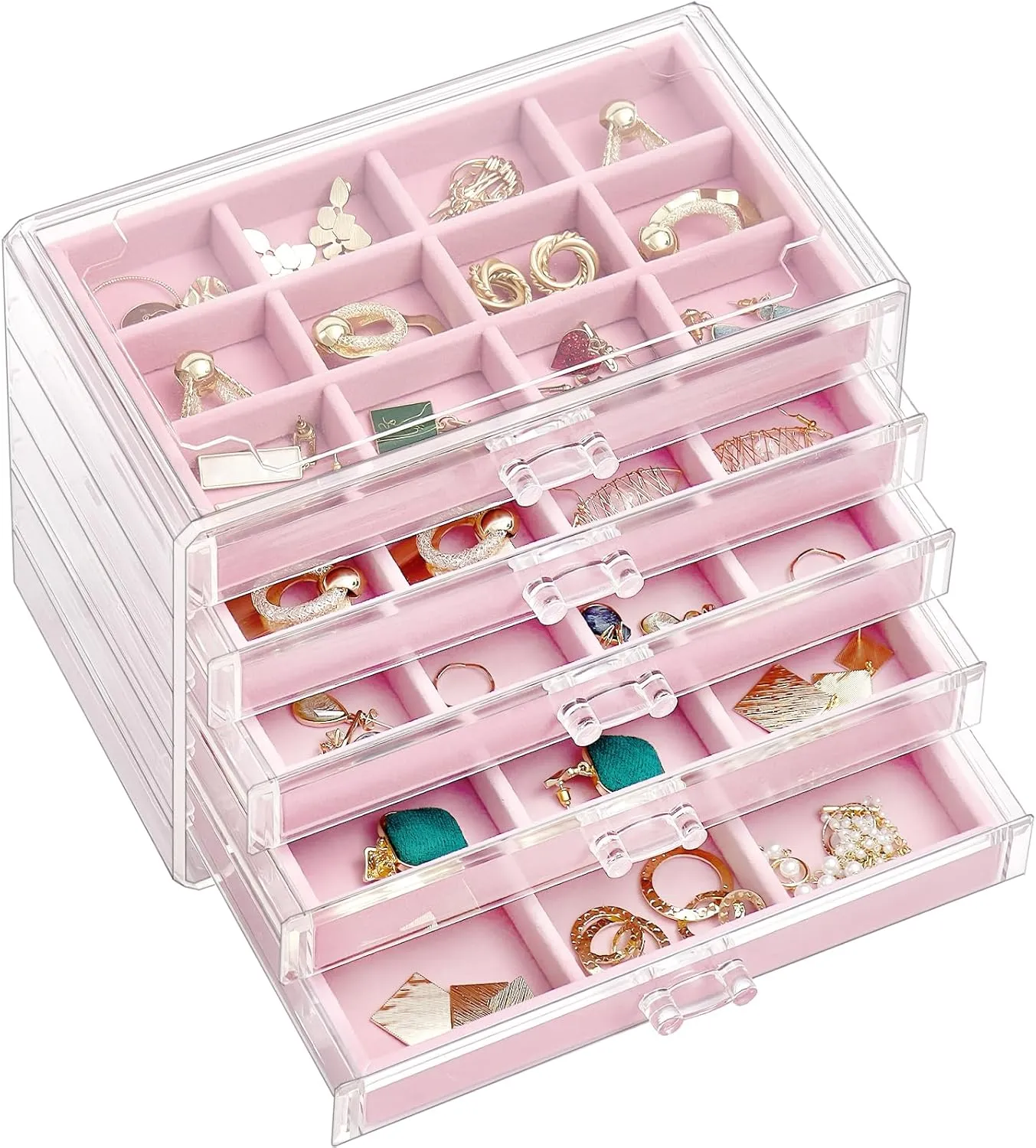 ProCase Earring Holder Organizer Jewelry Box with 5 Drawers, Acrylic Clear Earring Case with Adjustable Velvet Trays for Women - Pink, 5 Layers