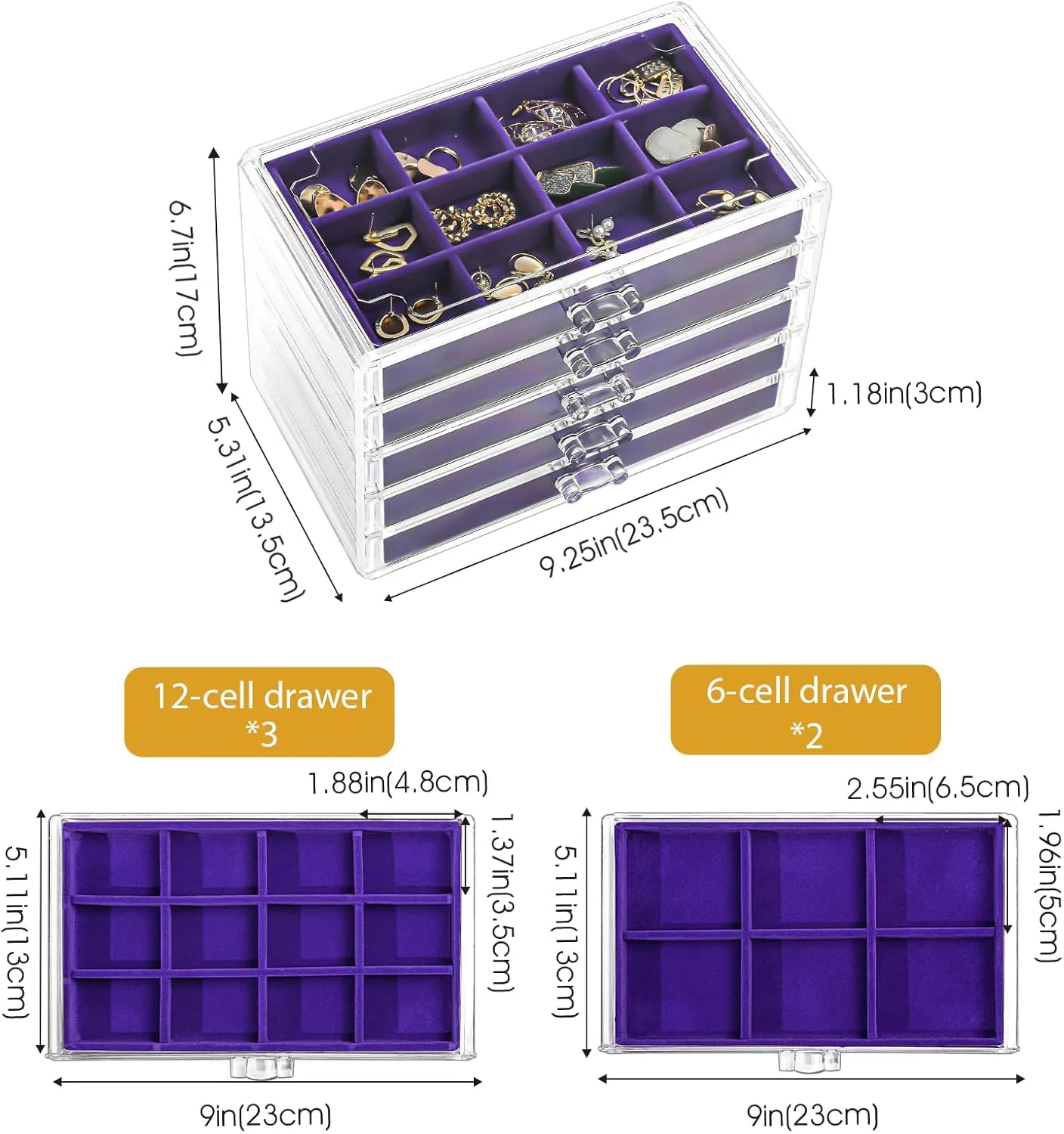 ProCase Earring Holder Organizer Jewelry Box with 5 Drawers, Acrylic Clear Earring Case with Adjustable Velvet Trays for Women - Purple, 5 Layers