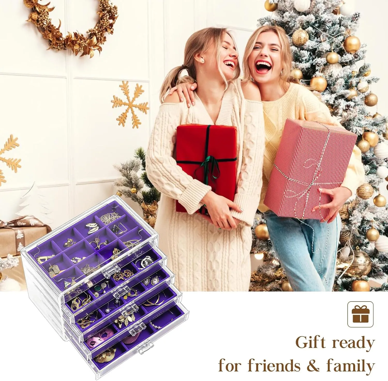 ProCase Earring Holder Organizer Jewelry Box with 5 Drawers, Acrylic Clear Earring Case with Adjustable Velvet Trays for Women - Purple, 5 Layers