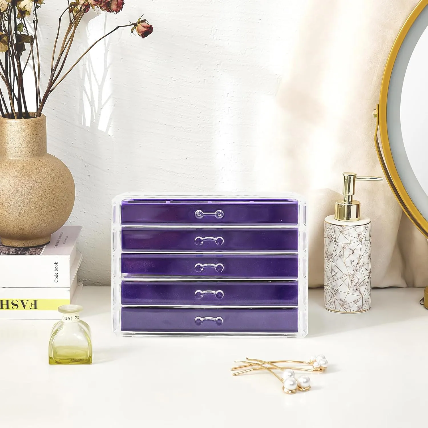 ProCase Earring Holder Organizer Jewelry Box with 5 Drawers, Acrylic Clear Earring Case with Adjustable Velvet Trays for Women - Purple, 5 Layers