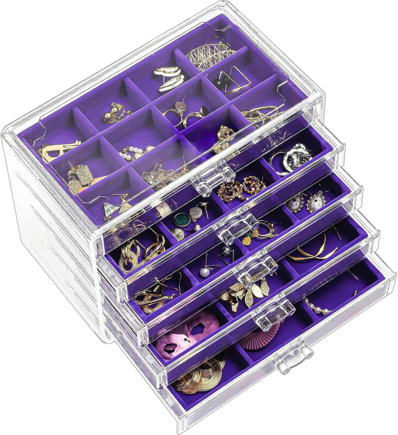 ProCase Earring Holder Organizer Jewelry Box with 5 Drawers, Acrylic Clear Earring Case with Adjustable Velvet Trays for Women - Purple, 5 Layers