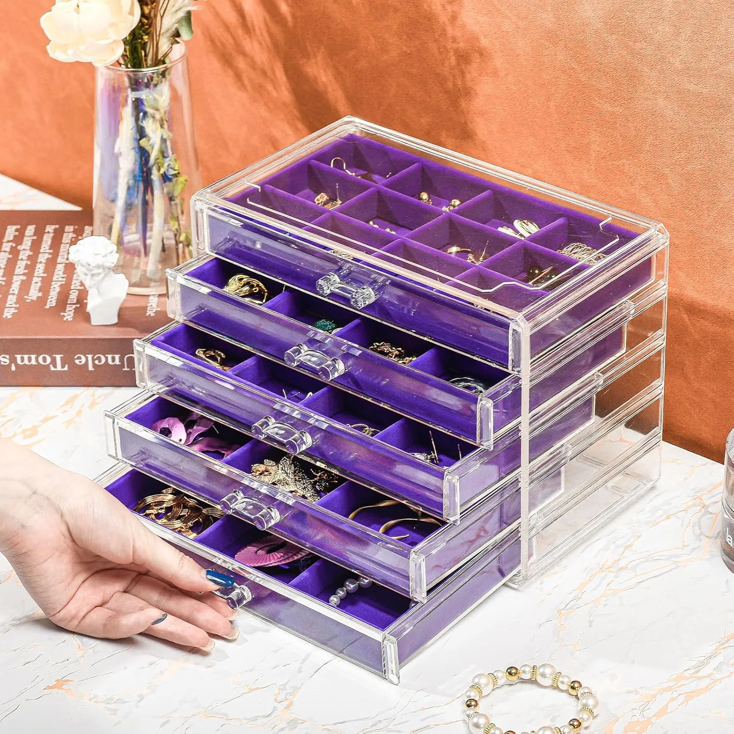 ProCase Earring Holder Organizer Jewelry Box with 5 Drawers, Acrylic Clear Earring Case with Adjustable Velvet Trays for Women - Purple, 5 Layers