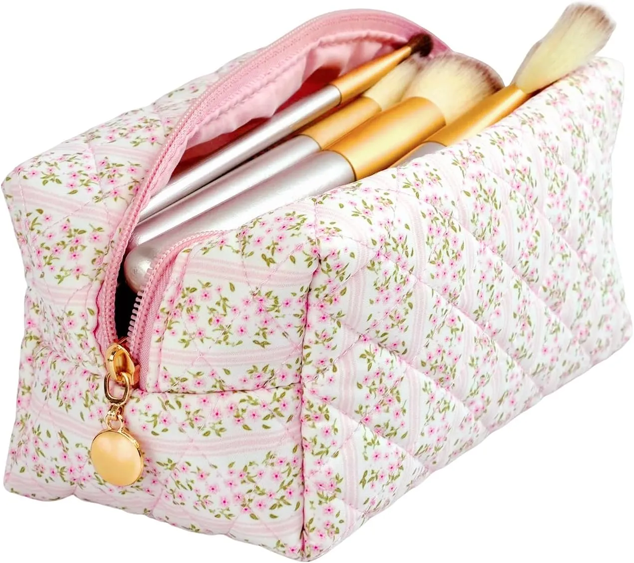 Puffy Floral Cosmetic Bag, Aesthetic Travel Bag for Toiletries, Pink Zipper Organizer Pouches,Portable Quilted Coquette Cosmetic Storage Bags Gift for Women and Girl Accessories