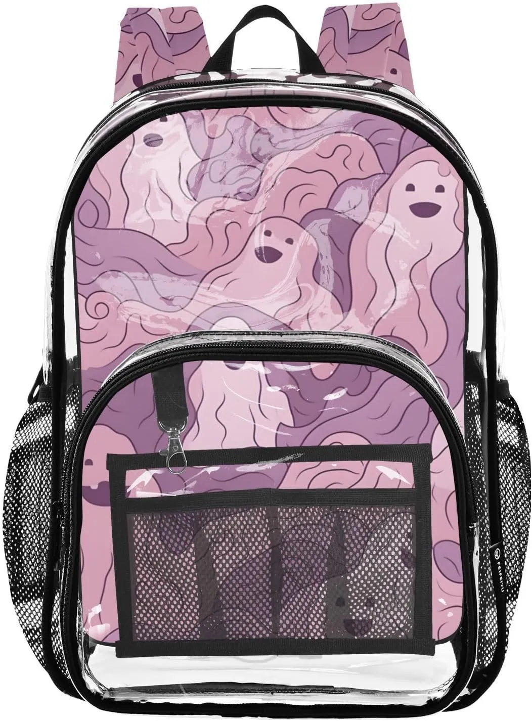 Purple in A Swirling Clear Plastic Backpack - Transparent PVC Heavy Duty Bag with Large Main Pocket and Mesh Pockets - Ideal for School, Travel, Outings - Clear Backpack for Everyday Use