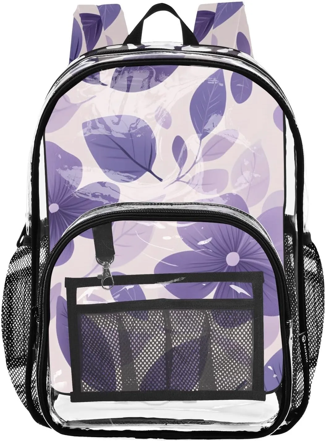 Purple Leaves Clear Plastic Backpack - Transparent PVC Heavy Duty Bag with Large Main Pocket and Mesh Pockets - Ideal for School, Travel, Outings - Clear Backpack for School and Everyday Use