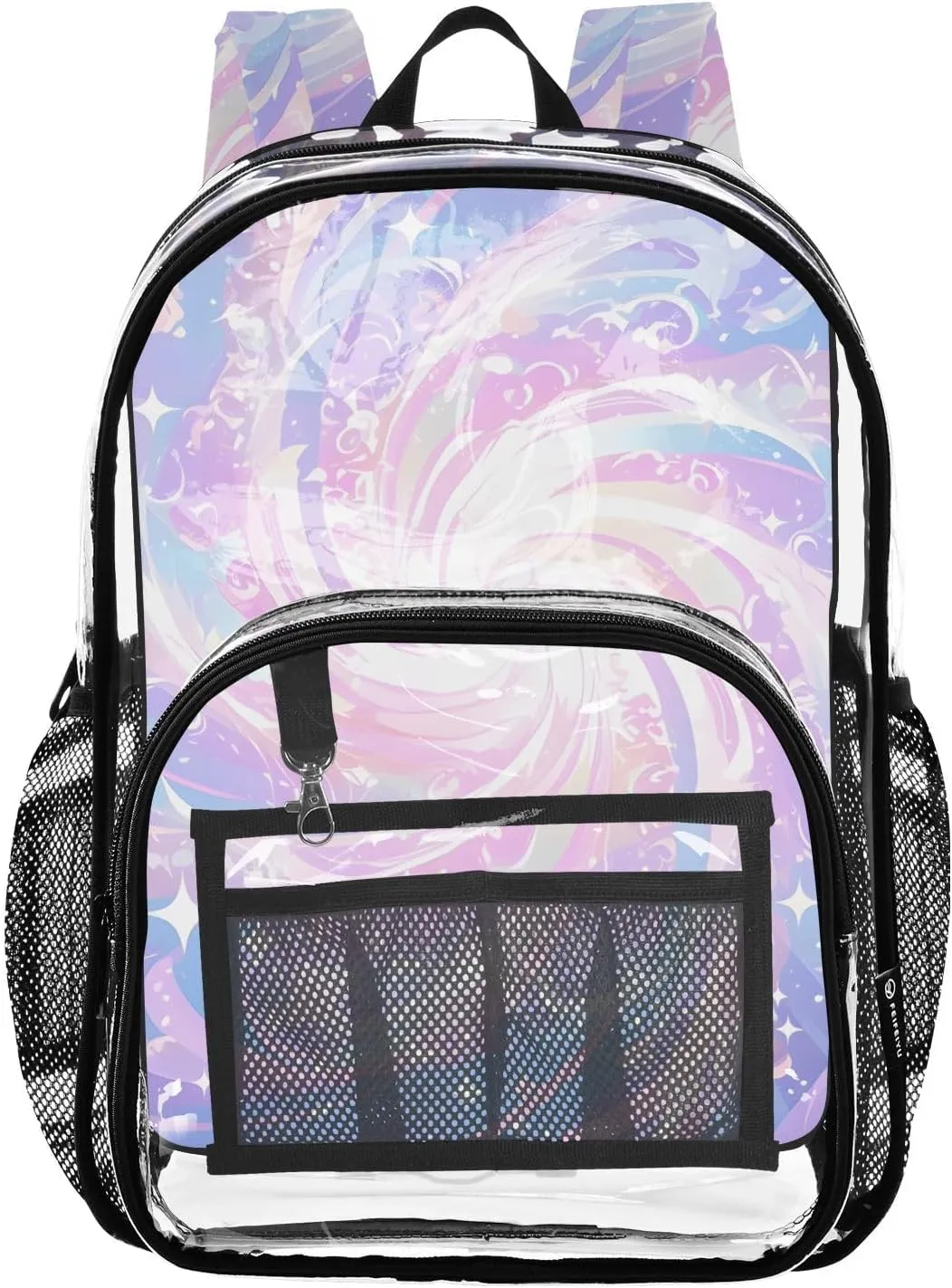 Purple Swirl Clear Plastic Backpack - Transparent PVC Heavy Duty Bag with Large Main Pocket and Mesh Pockets - Ideal for School, Travel, Outings - Clear Backpack for School and Everyday Use