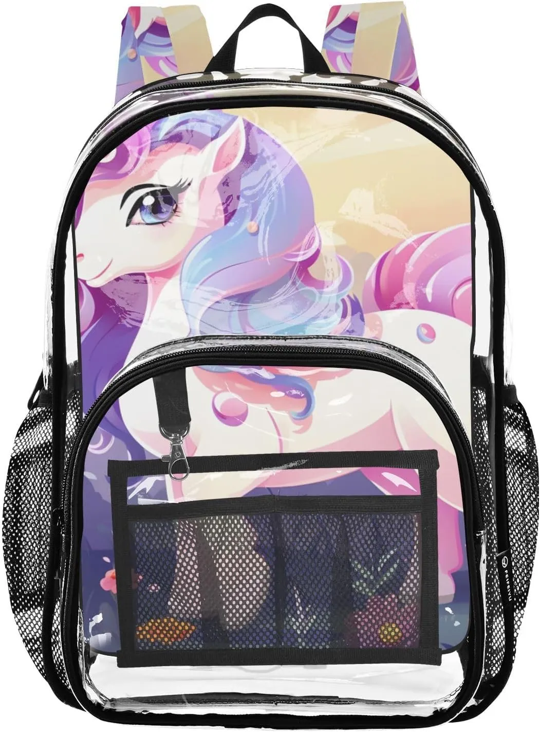 Purple Unicorn Clear Plastic Backpack - Transparent PVC Heavy Duty Bag with Large Main Pocket and Mesh Pockets - Ideal for School, Travel, Outings - Clear Backpack for Everyday Use