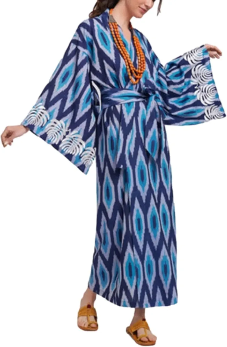 RanRui Beach cover up over sized kimonos Women's geometry Print Rayon kimonos with belt for summer