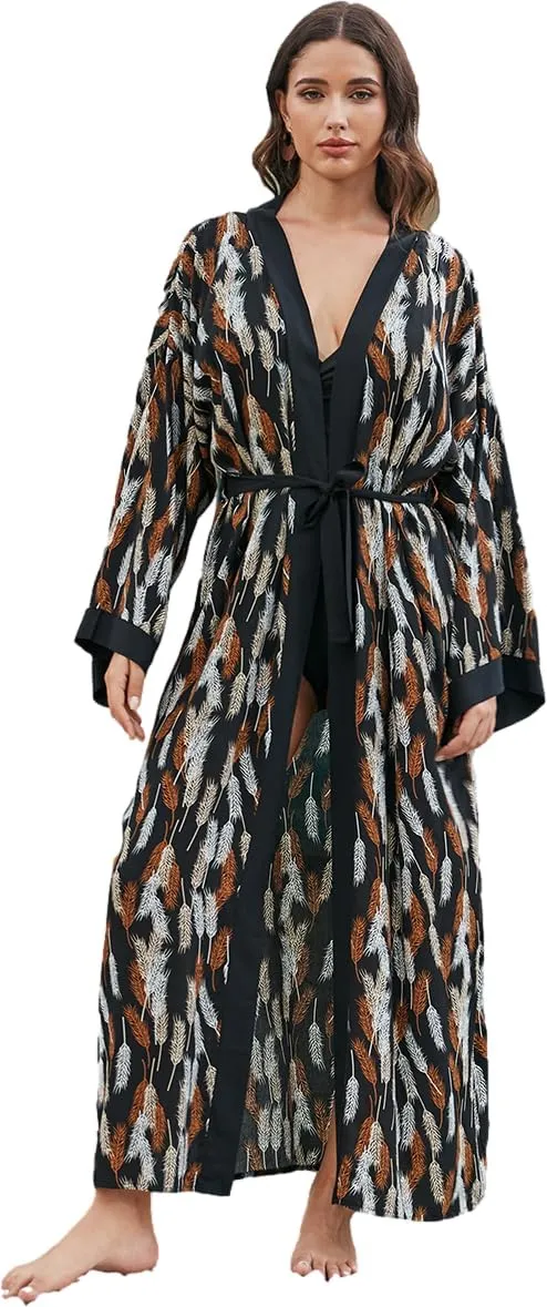RanRui Wheat Ear Kimonos for Women Loose Over Sized Kimono Robe with Belt Long Kimono Open Front Long Sleeve Flowy Kimono Cardigans Boho Cotton Kimono Jacket Kimono Dress (23100-3)