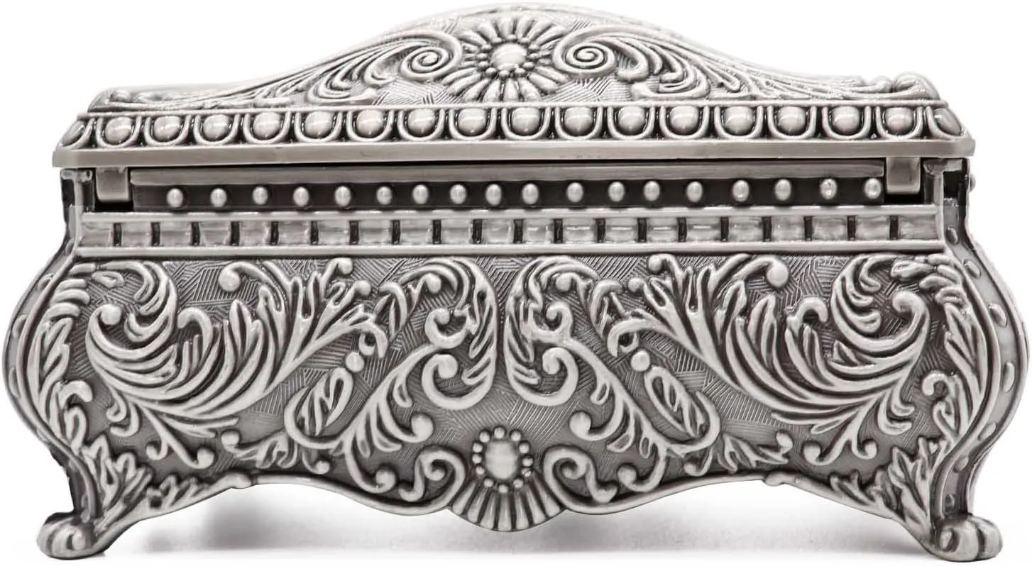 Rectangle Antique Metal Jewelry Box Trinket Storage Organizer Gift Box Chest Ring Case with Floral Engraved for Girls Ladies Women, Large