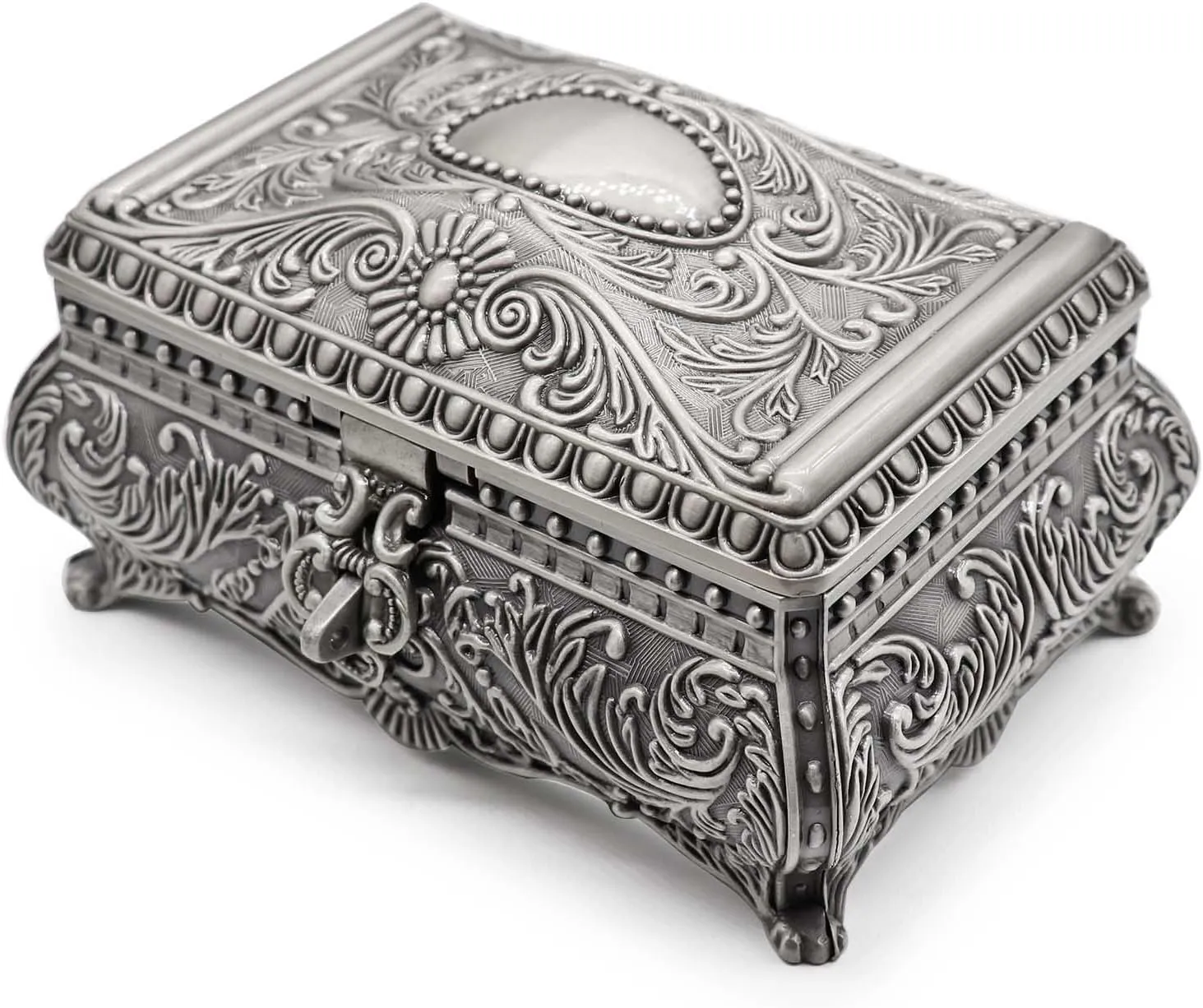 Rectangle Antique Metal Jewelry Box Trinket Storage Organizer Gift Box Chest Ring Case with Floral Engraved for Girls Ladies Women, Large