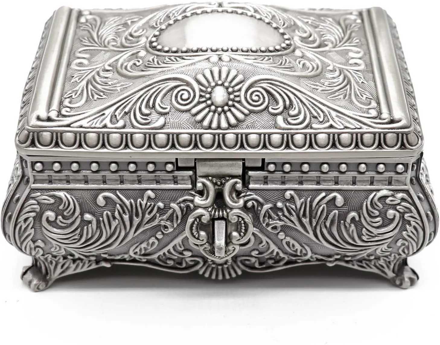 Rectangle Antique Metal Jewelry Box Trinket Storage Organizer Gift Box Chest Ring Case with Floral Engraved for Girls Ladies Women, Large