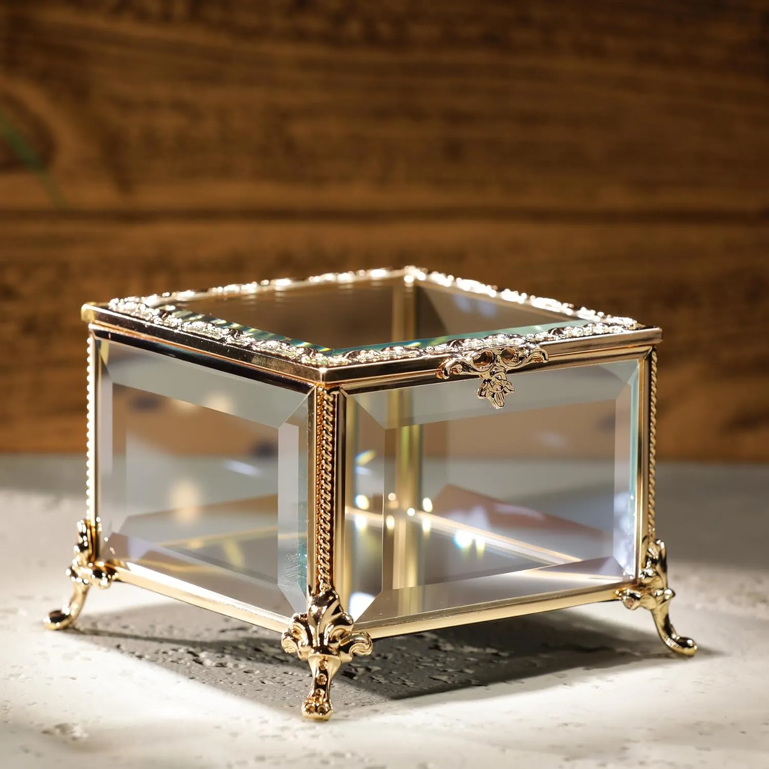 Rectangular Vintage Glass Jewelry Box, Jewelry Ring, Bracelet, Souvenir Metal Display Box, Transparent Storage Box. (4.6x4.6x3.2Inches)