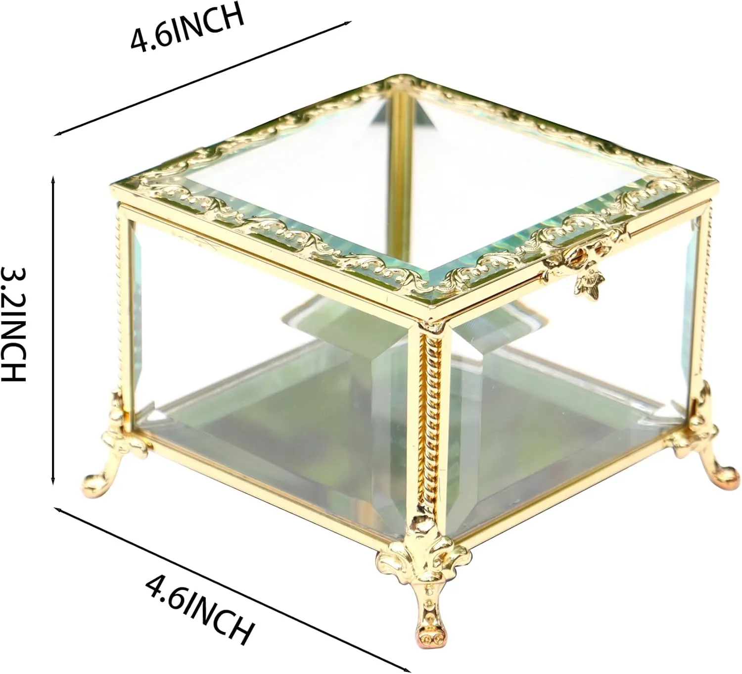 Rectangular Vintage Glass Jewelry Box, Jewelry Ring, Bracelet, Souvenir Metal Display Box, Transparent Storage Box. (4.6x4.6x3.2Inches)