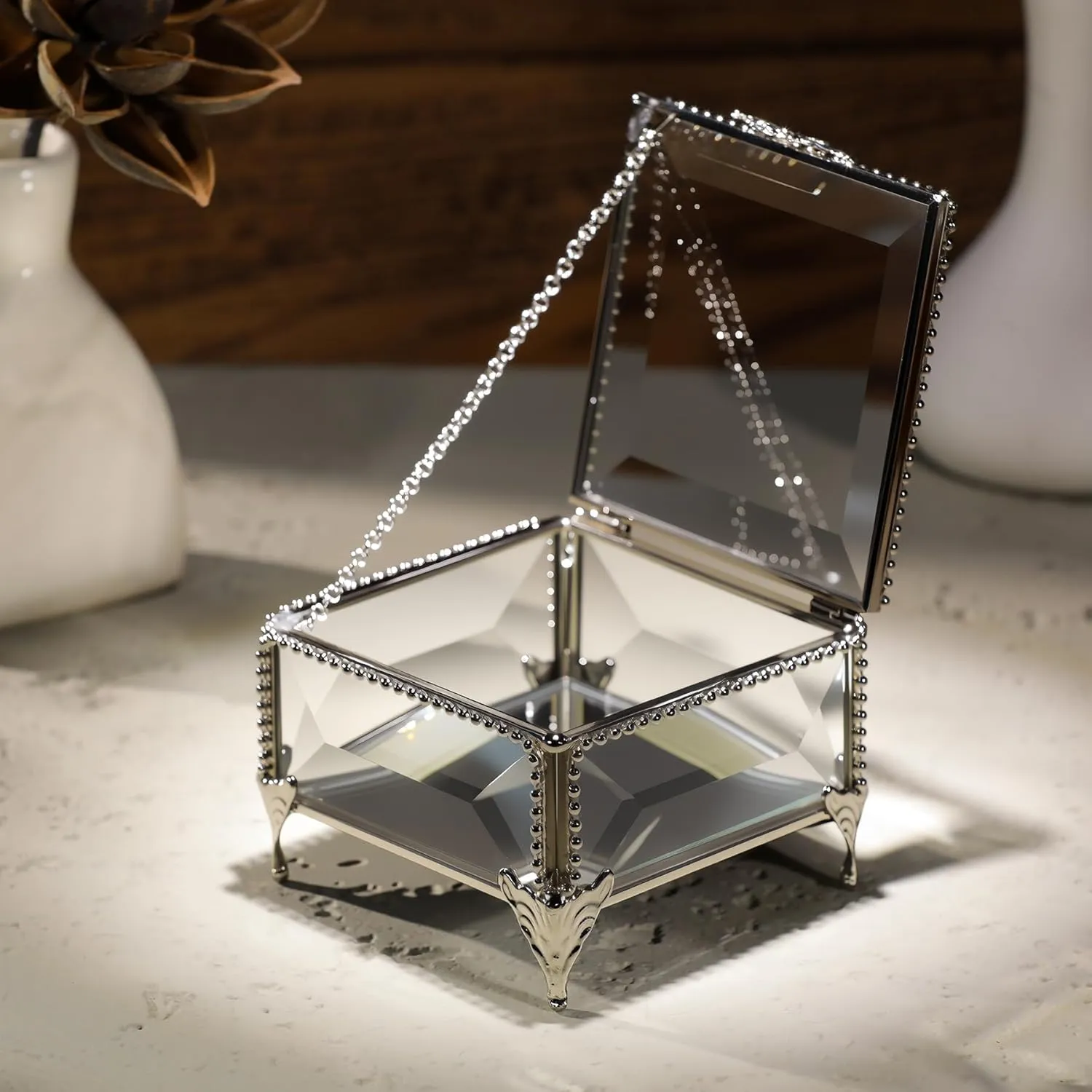 Rectangular Vintage Glass Jewelry Box with Hinged Lid, Jewelry Ring, Bracelet, Souvenir Metal Display Box, Transparent Storage Box. (3.3x3.3x2.3Inches)