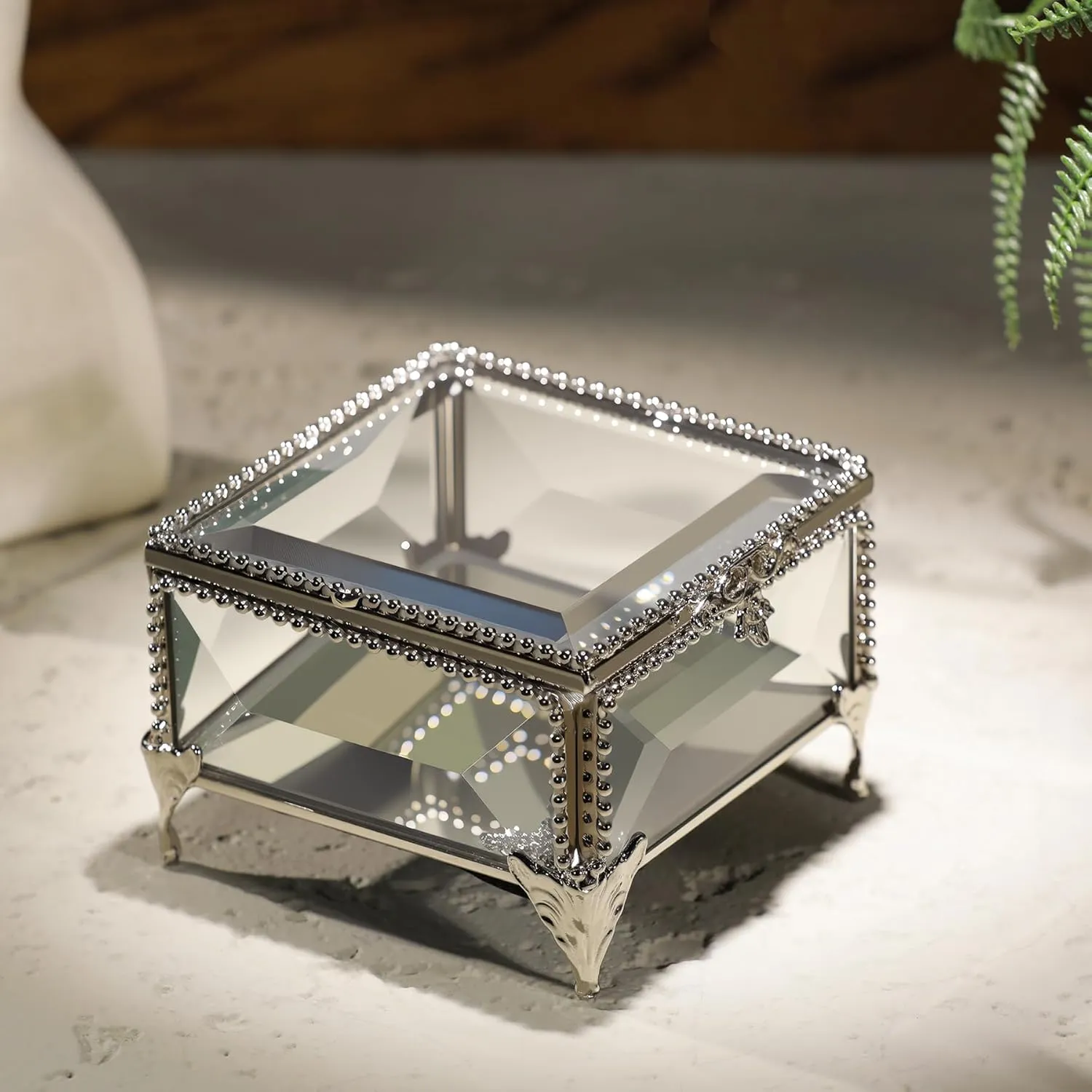 Rectangular Vintage Glass Jewelry Box with Hinged Lid, Jewelry Ring, Bracelet, Souvenir Metal Display Box, Transparent Storage Box. (3.3x3.3x2.3Inches)