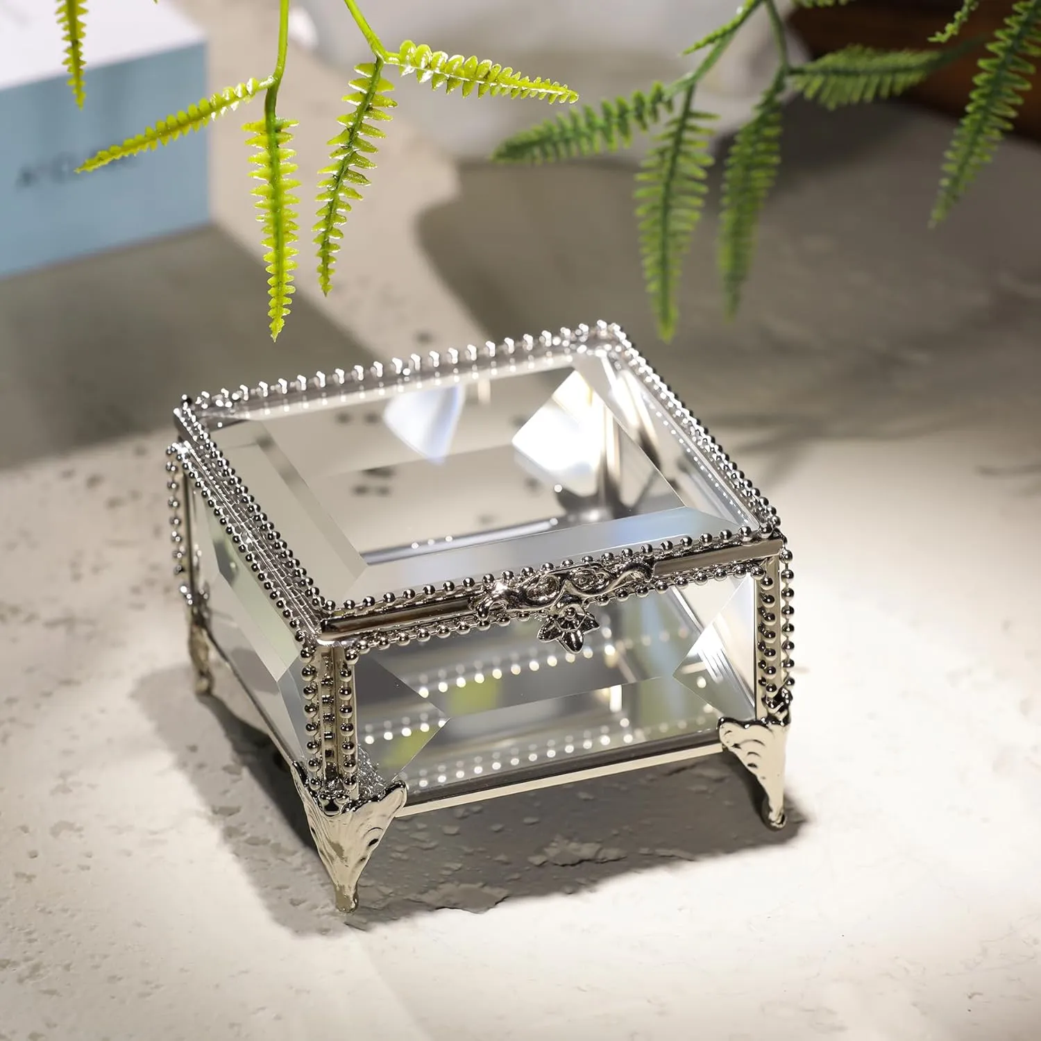 Rectangular Vintage Glass Jewelry Box with Hinged Lid, Jewelry Ring, Bracelet, Souvenir Metal Display Box, Transparent Storage Box. (3.3x3.3x2.3Inches)