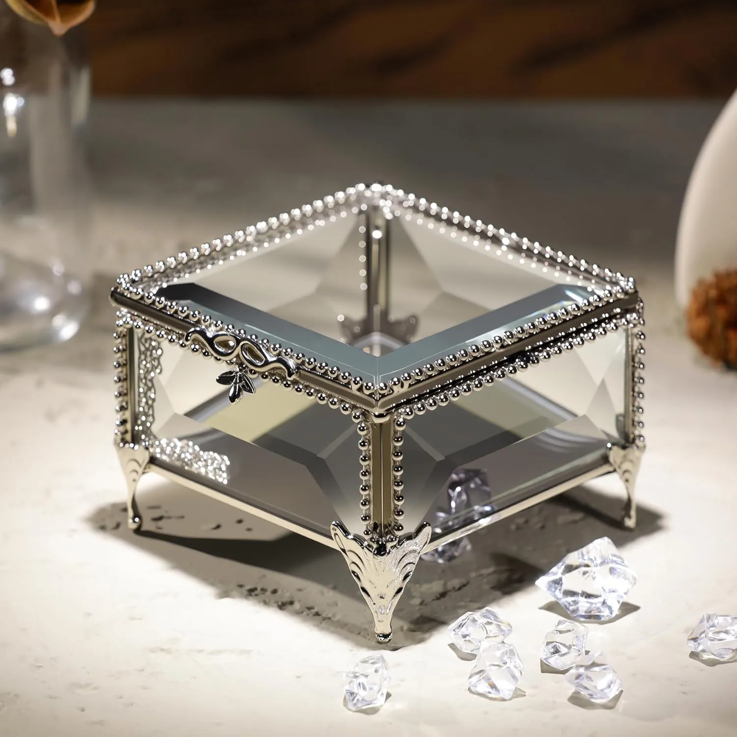 Rectangular Vintage Glass Jewelry Box with Hinged Lid, Jewelry Ring, Bracelet, Souvenir Metal Display Box, Transparent Storage Box. (3.3x3.3x2.3Inches)