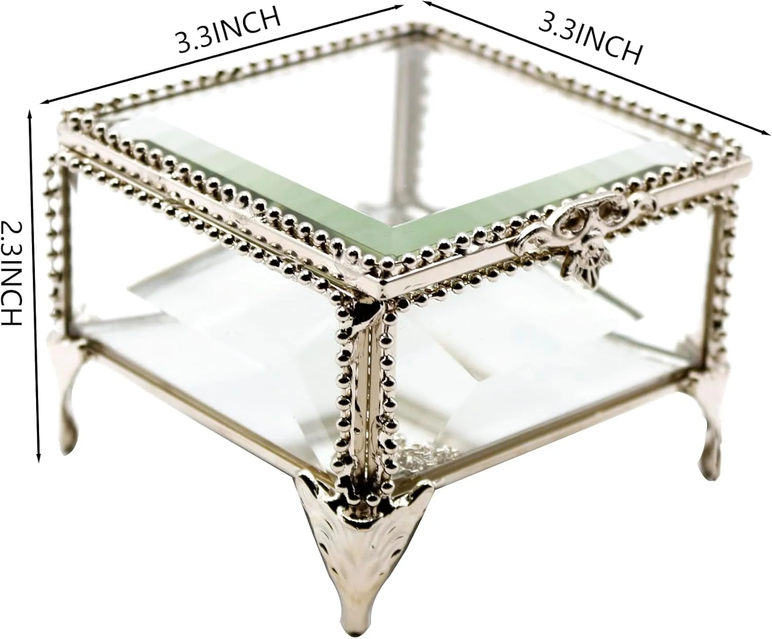 Rectangular Vintage Glass Jewelry Box with Hinged Lid, Jewelry Ring, Bracelet, Souvenir Metal Display Box, Transparent Storage Box. (3.3x3.3x2.3Inches)