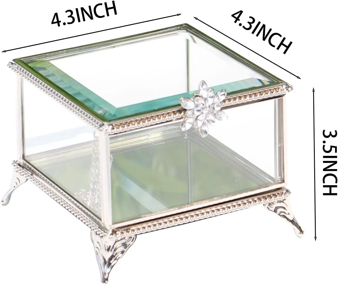 Rectangular Vintage Glass Jewelry Box with Hinged Lid, Jewelry Ring, Bracelet, Souvenir Metal Display Box, Transparent Storage Box.(4.3x4.3x3.5Inches)