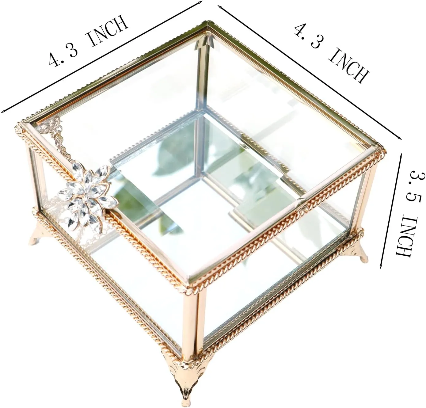 Rectangular Vintage Glass Jewelry Box with Hinged Lid, Jewelry Ring, Bracelet, Souvenir Metal Display Box, Transparent Storage Box.(4.3x4.3x3.5Inches)