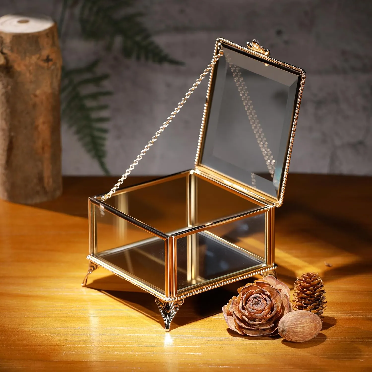 Rectangular Vintage Glass Jewelry Box with Hinged Lid, Jewelry Ring, Bracelet, Souvenir Metal Display Box, Transparent Storage Box.(4.3x4.3x3.5Inches)