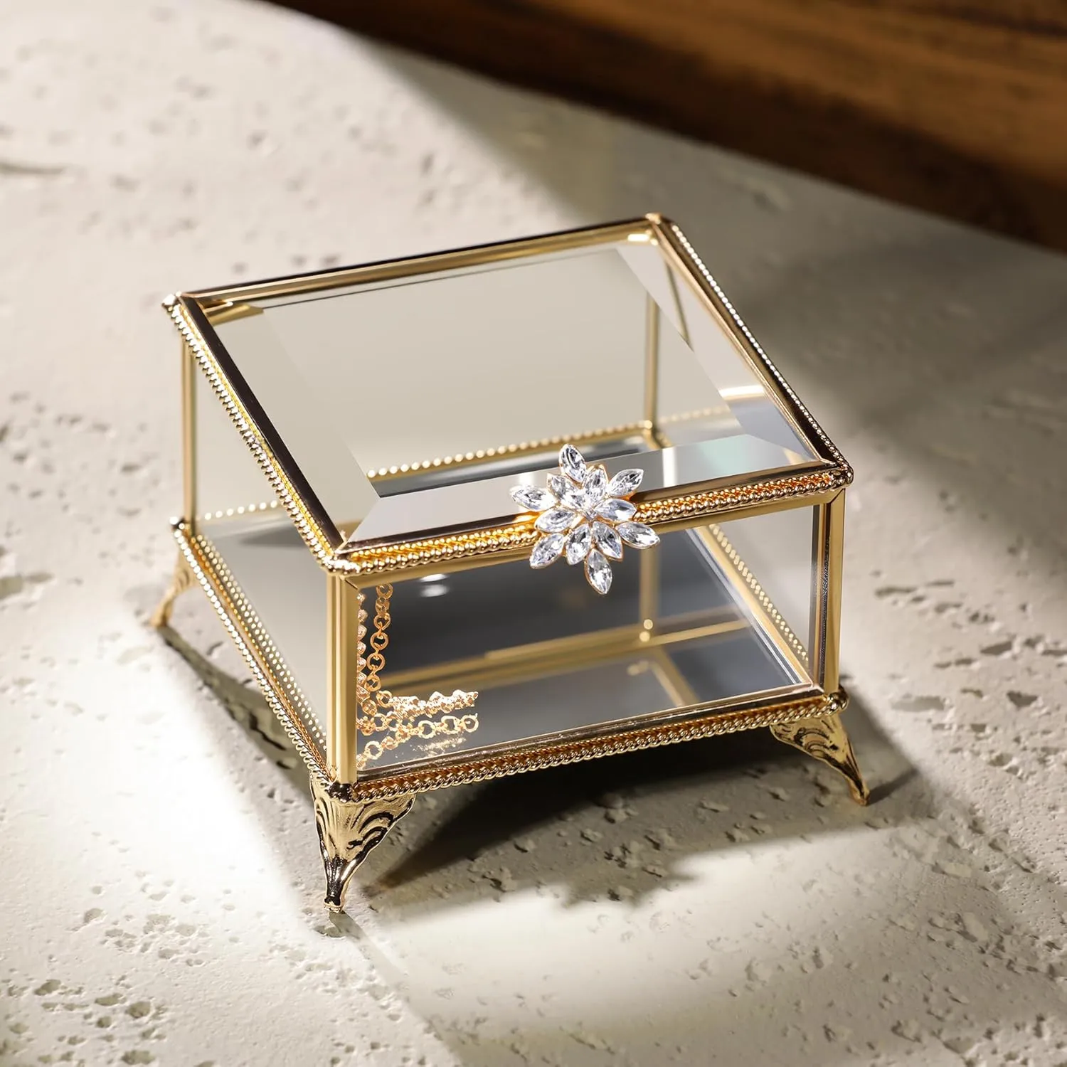 Rectangular Vintage Glass Jewelry Box with Hinged Lid, Jewelry Ring, Bracelet, Souvenir Metal Display Box, Transparent Storage Box.(4.3x4.3x3.5Inches)