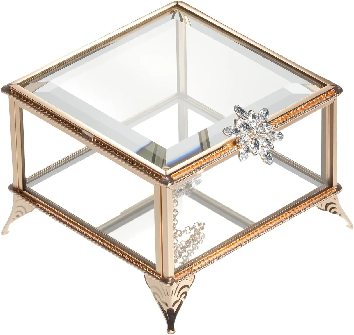 Rectangular Vintage Glass Jewelry Box with Hinged Lid, Jewelry Ring, Bracelet, Souvenir Metal Display Box, Transparent Storage Box.(4.3x4.3x3.5Inches)