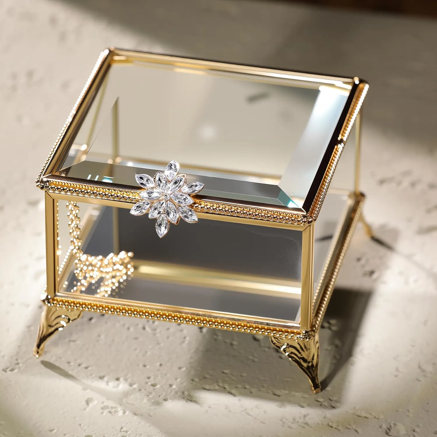 Rectangular Vintage Glass Jewelry Box with Hinged Lid, Jewelry Ring, Bracelet, Souvenir Metal Display Box, Transparent Storage Box.(4.3x4.3x3.5Inches)