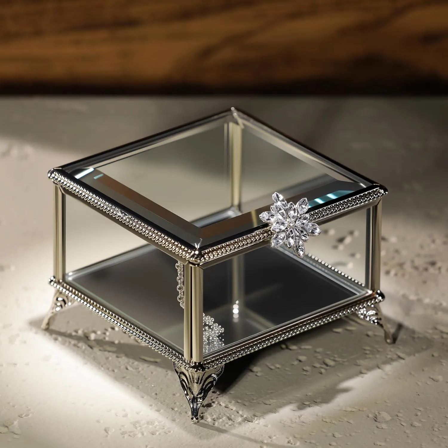 Rectangular Vintage Glass Jewelry Box with Hinged Lid, Jewelry Ring, Bracelet, Souvenir Metal Display Box, Transparent Storage Box.(4.3x4.3x3.5Inches)