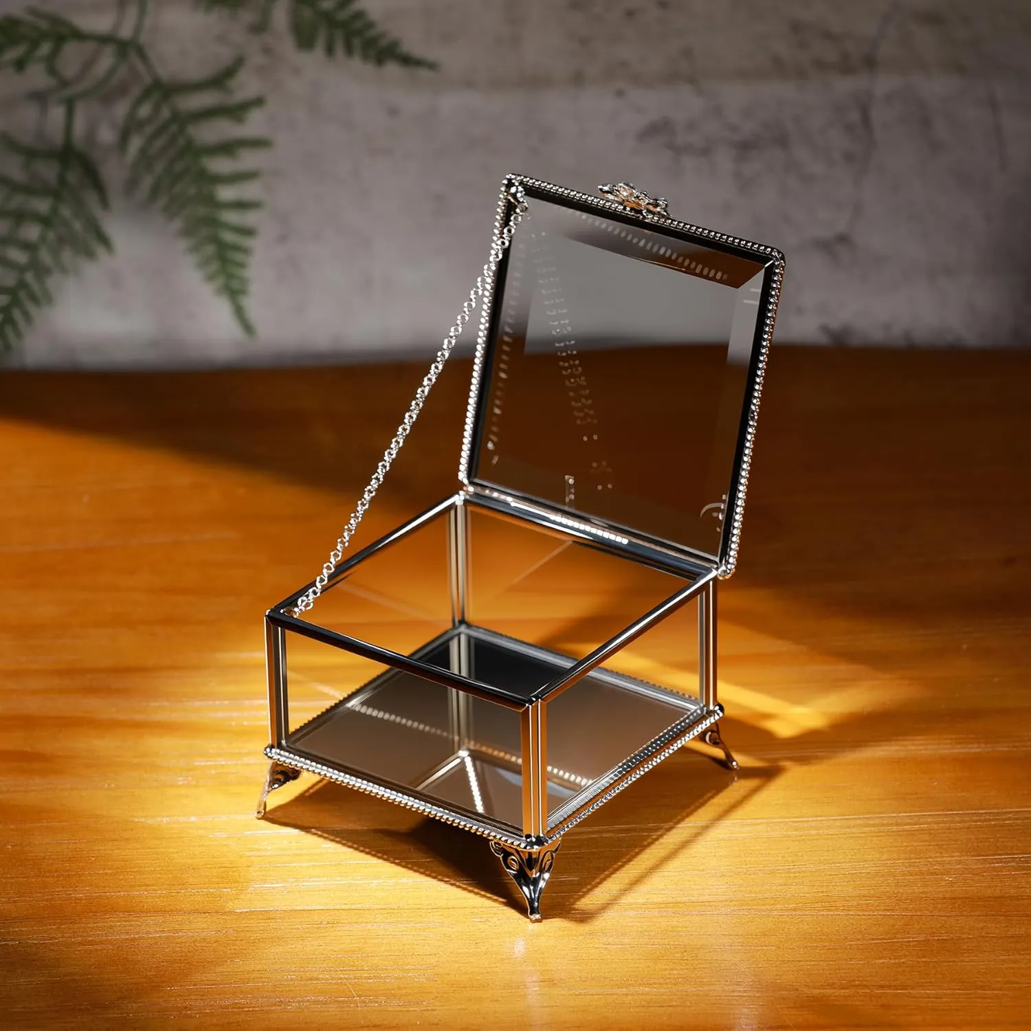 Rectangular Vintage Glass Jewelry Box with Hinged Lid, Jewelry Ring, Bracelet, Souvenir Metal Display Box, Transparent Storage Box.(4.3x4.3x3.5Inches)