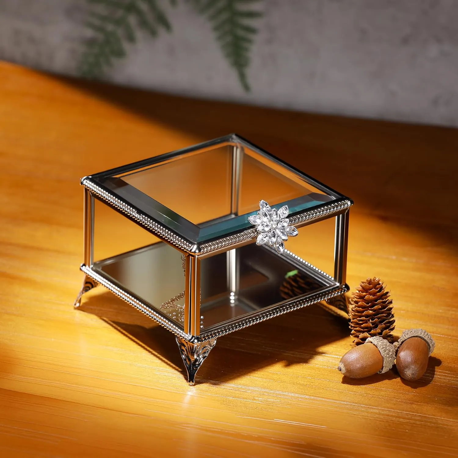 Rectangular Vintage Glass Jewelry Box with Hinged Lid, Jewelry Ring, Bracelet, Souvenir Metal Display Box, Transparent Storage Box.(4.3x4.3x3.5Inches)