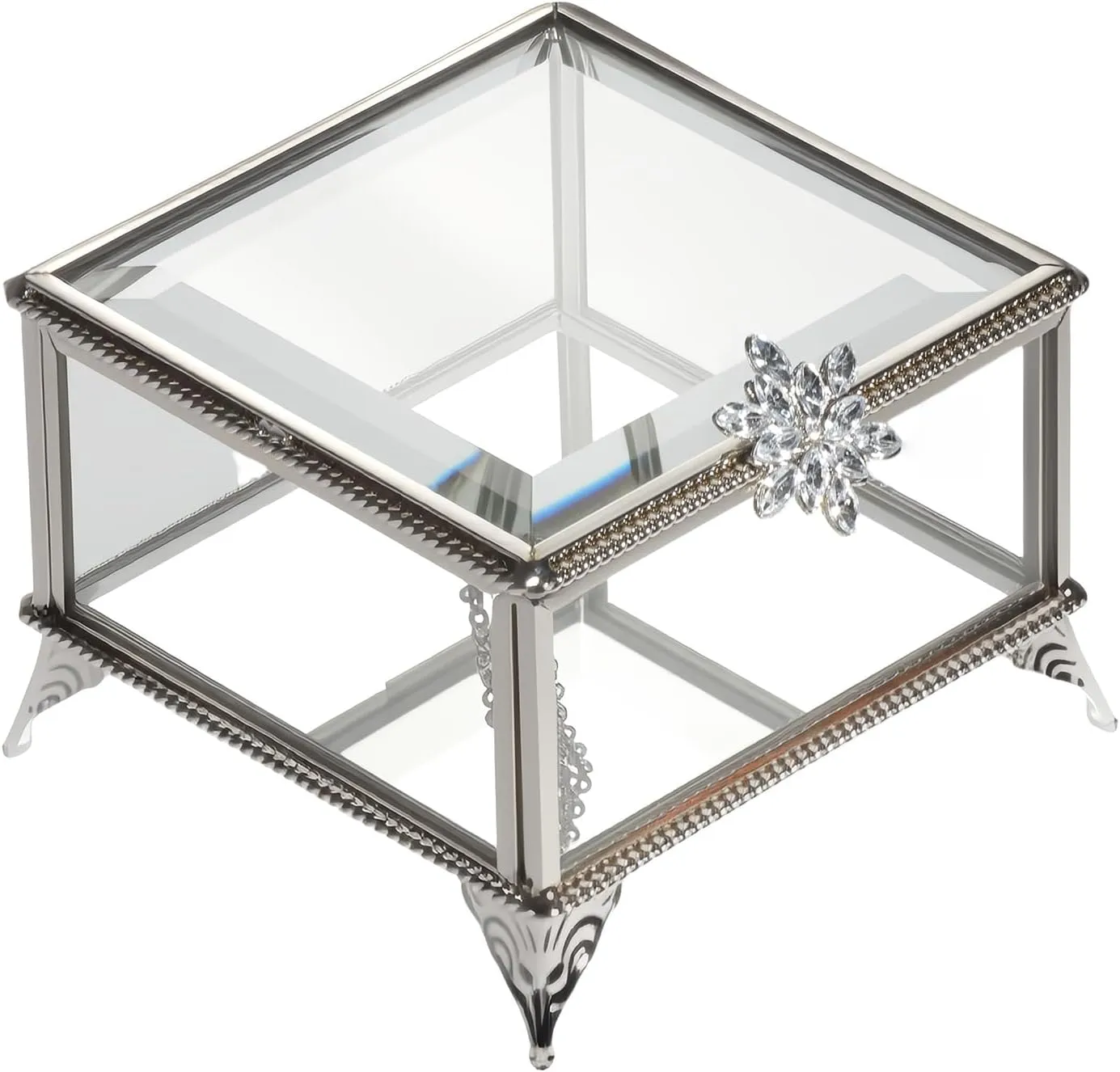 Rectangular Vintage Glass Jewelry Box with Hinged Lid, Jewelry Ring, Bracelet, Souvenir Metal Display Box, Transparent Storage Box.(4.3x4.3x3.5Inches)
