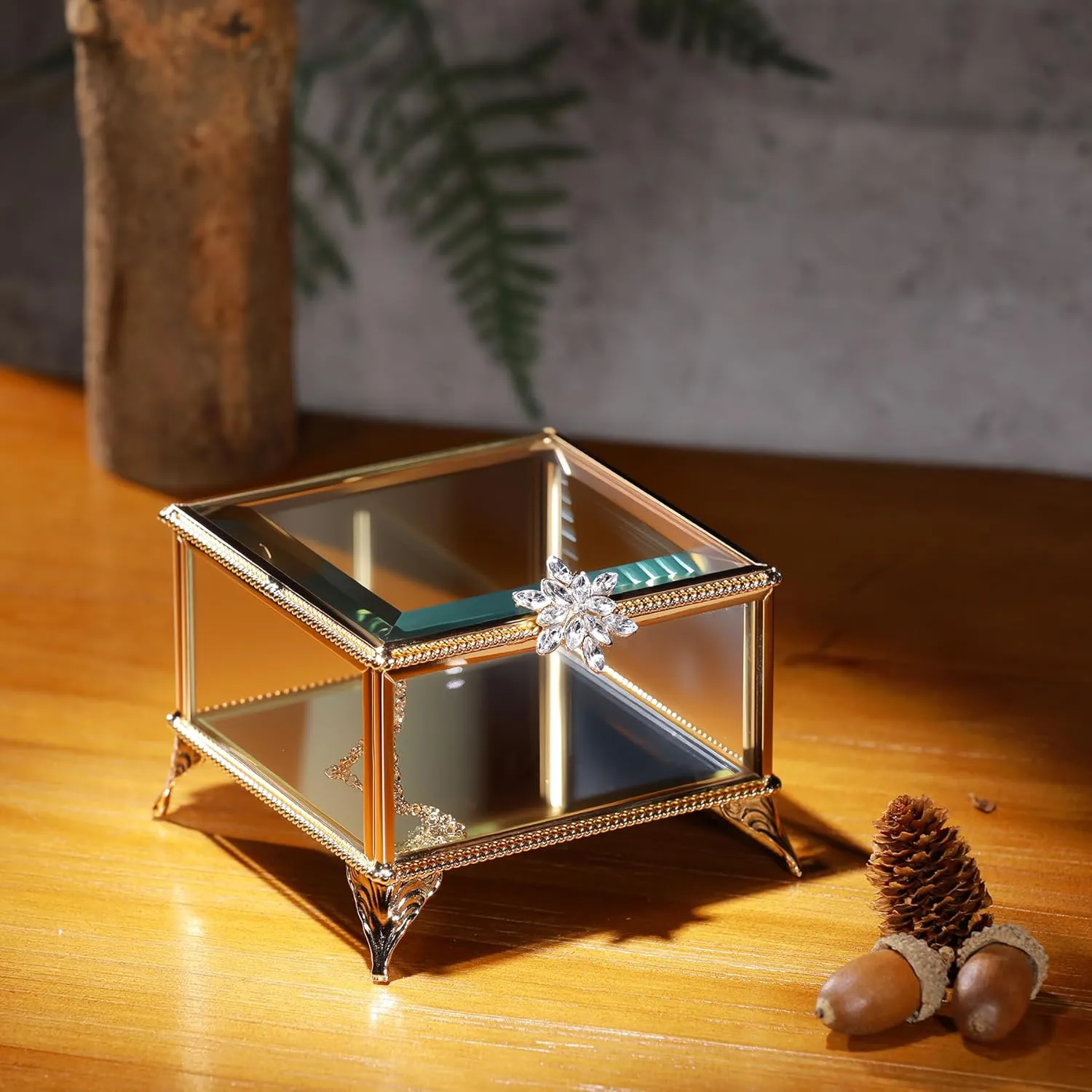 Rectangular Vintage Glass Jewelry Box with Hinged Lid, Jewelry Ring, Bracelet, Souvenir Metal Display Box, Transparent Storage Box.(4.3x4.3x3.5Inches)