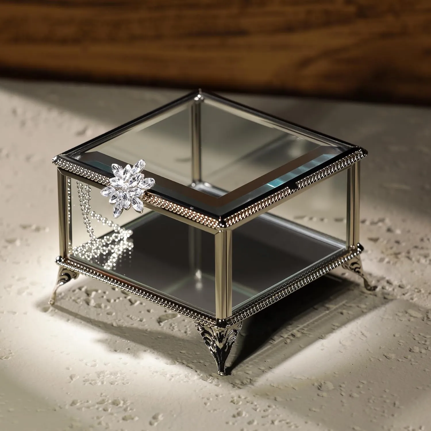 Rectangular Vintage Glass Jewelry Box with Hinged Lid, Jewelry Ring, Bracelet, Souvenir Metal Display Box, Transparent Storage Box.(4.3x4.3x3.5Inches)