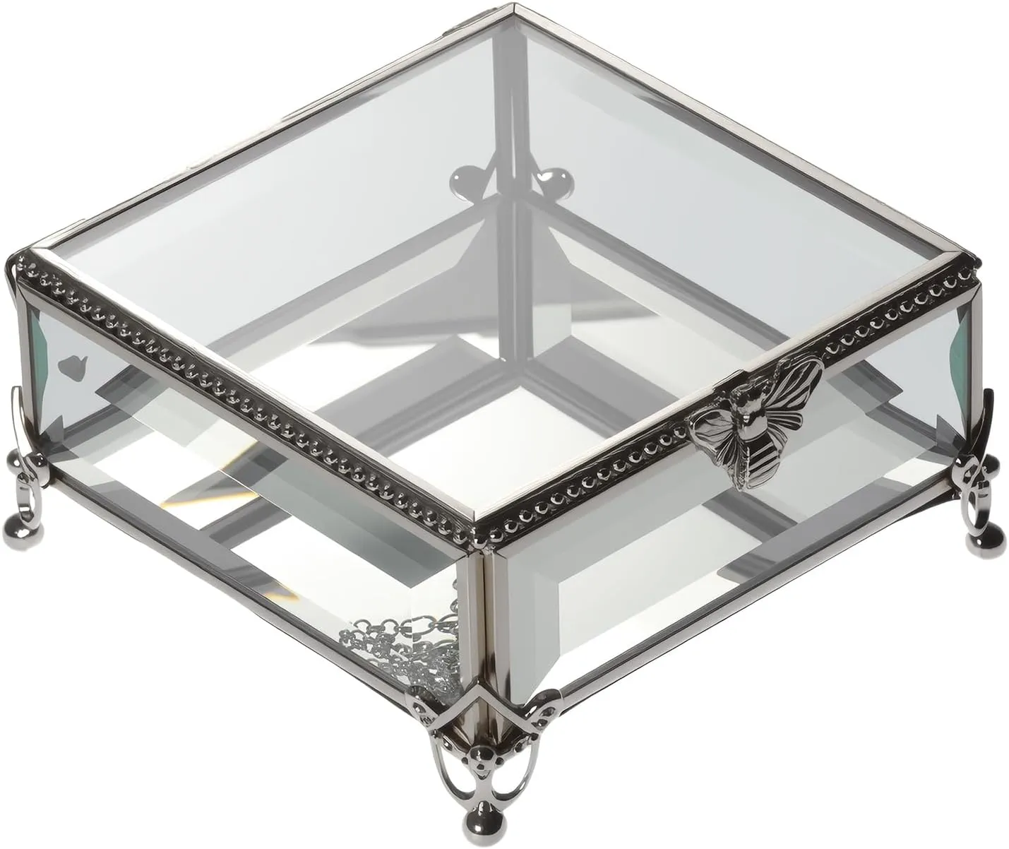 Rectangular Vintage Glass Jewelry Box with Hinged Lid, Jewelry Ring, Bracelet, Souvenir Metal Display Box, Transparent Storage Box.(5.2x5.2x2.7Inches)