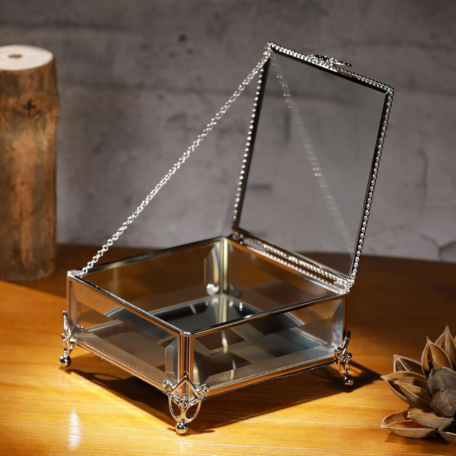 Rectangular Vintage Glass Jewelry Box with Hinged Lid, Jewelry Ring, Bracelet, Souvenir Metal Display Box, Transparent Storage Box.(5.2x5.2x2.7Inches)