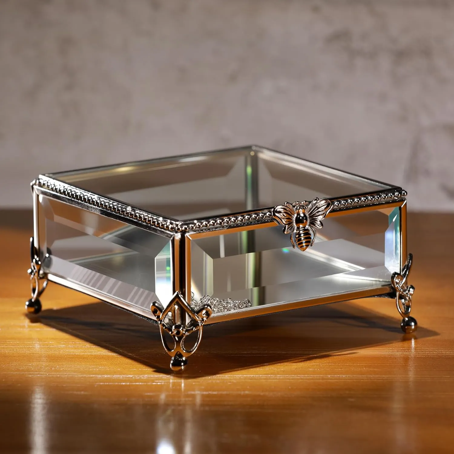Rectangular Vintage Glass Jewelry Box with Hinged Lid, Jewelry Ring, Bracelet, Souvenir Metal Display Box, Transparent Storage Box.(5.2x5.2x2.7Inches)