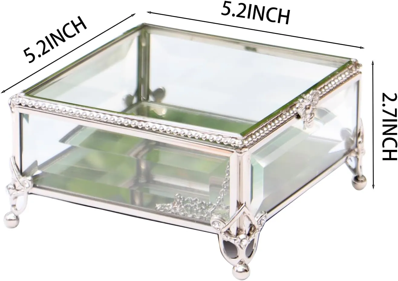 Rectangular Vintage Glass Jewelry Box with Hinged Lid, Jewelry Ring, Bracelet, Souvenir Metal Display Box, Transparent Storage Box.(5.2x5.2x2.7Inches)